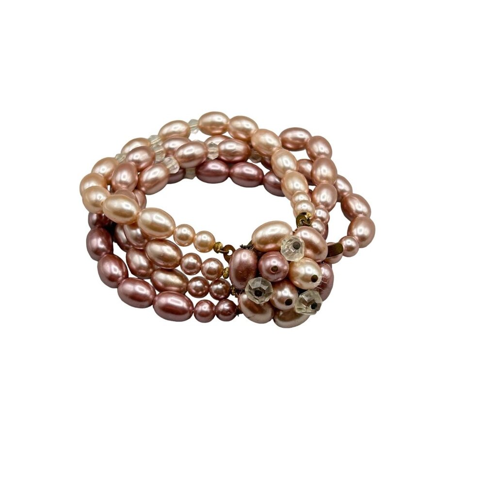 Vintage Beaded Bracelet Japan Ombre Faux Pearl Multistrand Bracelet Floral Clasp